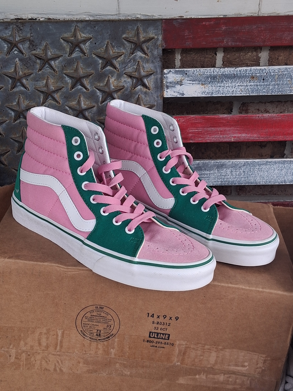 Vans High-Top Sneakers in Pink and Green